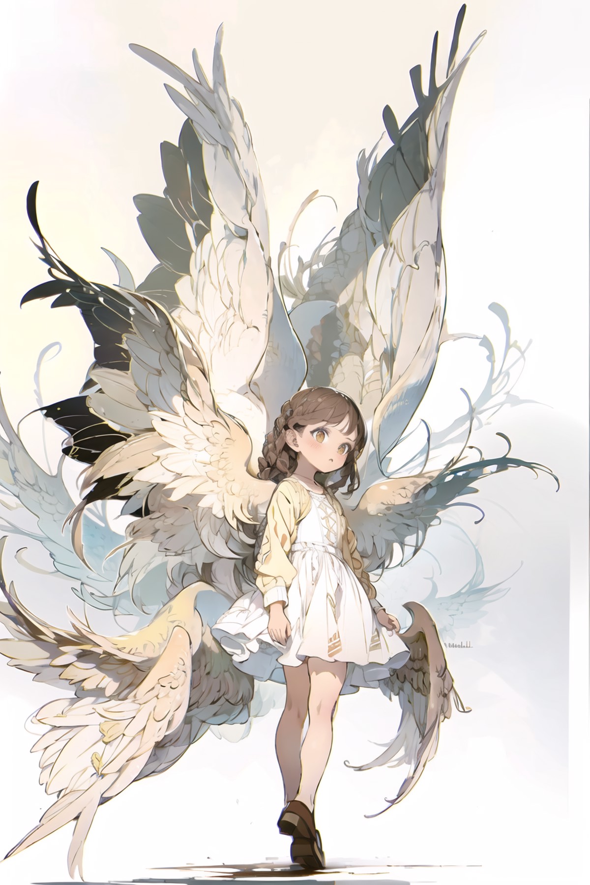Seraphim, 1girl, solo, brown hair, dress, white dress, white background, brown footwear, long sleeves <lora:Seraphim-LOHA:1>