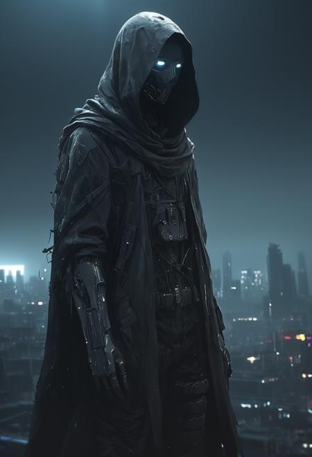 Digital Art, anime sci-fi art style, A low-angle, close-up portrait, faceless cyborg, cloaked survivor attire, amidst post-apocalyptic world, midnight, mist, dim light, intricate, best quality