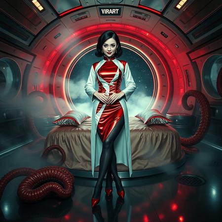 Regal high-society elegant slender norvegian alluring rich lady with porcelain skin and raven hair, wearing high-gloss red stilettos, glossy  red foil tight fitted qipao, white open laboratory robe and black silk stockings. She stands poised in the center of a bizarre, otherworldly spaceship cabin, weird. Luxurious glossy satin round bed with glossy foil pillows under slimy tentacles canopy at background, surrounded by an eerie, pulsing fog that wafts up from holes in  the polished metal floor , which reflects the dim, ominous lighting. The air is thick with malevolent energy as giant, twisted tentacles erupt from the floor, as if alive, while a massive, curved observation porthole looms behind her, offering a glimpse into the dark, starry expanse of outer space. Her face is a masterful blend of beauty and horror, with a sly, evil grin spreading across her lips, accentuated by meticulous, vintage-inspired makeup, in the style of a haunting, retro-futuristic 1950s sci-fi nightmare, reminiscent of the works of H.R. Giger, Zdzisław Beksiński, and Simon Stalenhag.