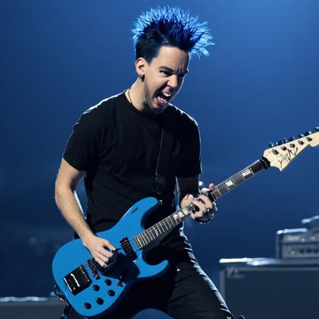 young Mike Shinoda, man, (solo), (full body, from distance, long shot), spiked hair, black and blue hair, goatee, earrings, looking at camera, angry, evil face, happy, playing an electric guitar, <lora:Mike_Shinoda_from_Linkin_Park:1>, stage in the background, best quality, masterpiece, 4k, UHD