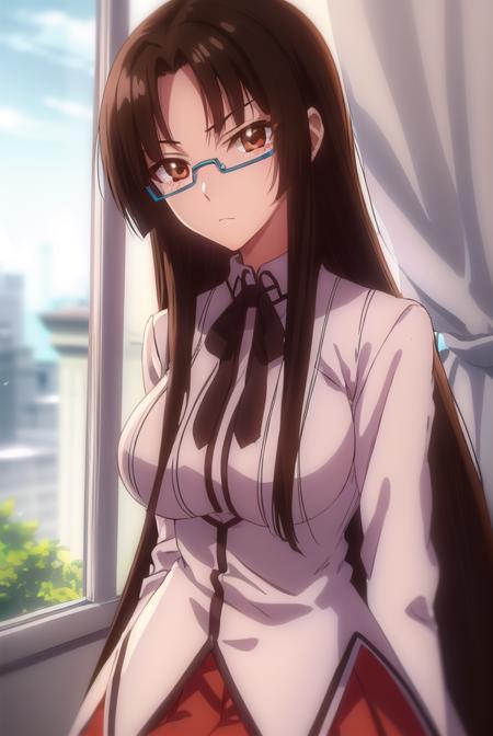 tsubakishinra, <lora:tsubaki shinra anime s2-lora-nochekaiser:1>,
tsubaki shinra, long hair, black hair, (brown eyes:1.5), glasses, semi-rimless eyewear, under-rim eyewear, (parted bangs:1.5), bangs, blunt bangs,
BREAK shirt, ribbon, school uniform, white shirt, black ribbon, neck ribbon, long sleeves, skirt, red skirt,
BREAK indoors, classroom,
BREAK looking at viewer, (cowboy shot:1.5),
BREAK <lyco:GoodHands-beta2:1>, (masterpiece:1.2), best quality, high resolution, unity 8k wallpaper, (illustration:0.8), (beautiful detailed eyes:1.6), extremely detailed face, perfect lighting, extremely detailed CG, (perfect hands, perfect anatomy),