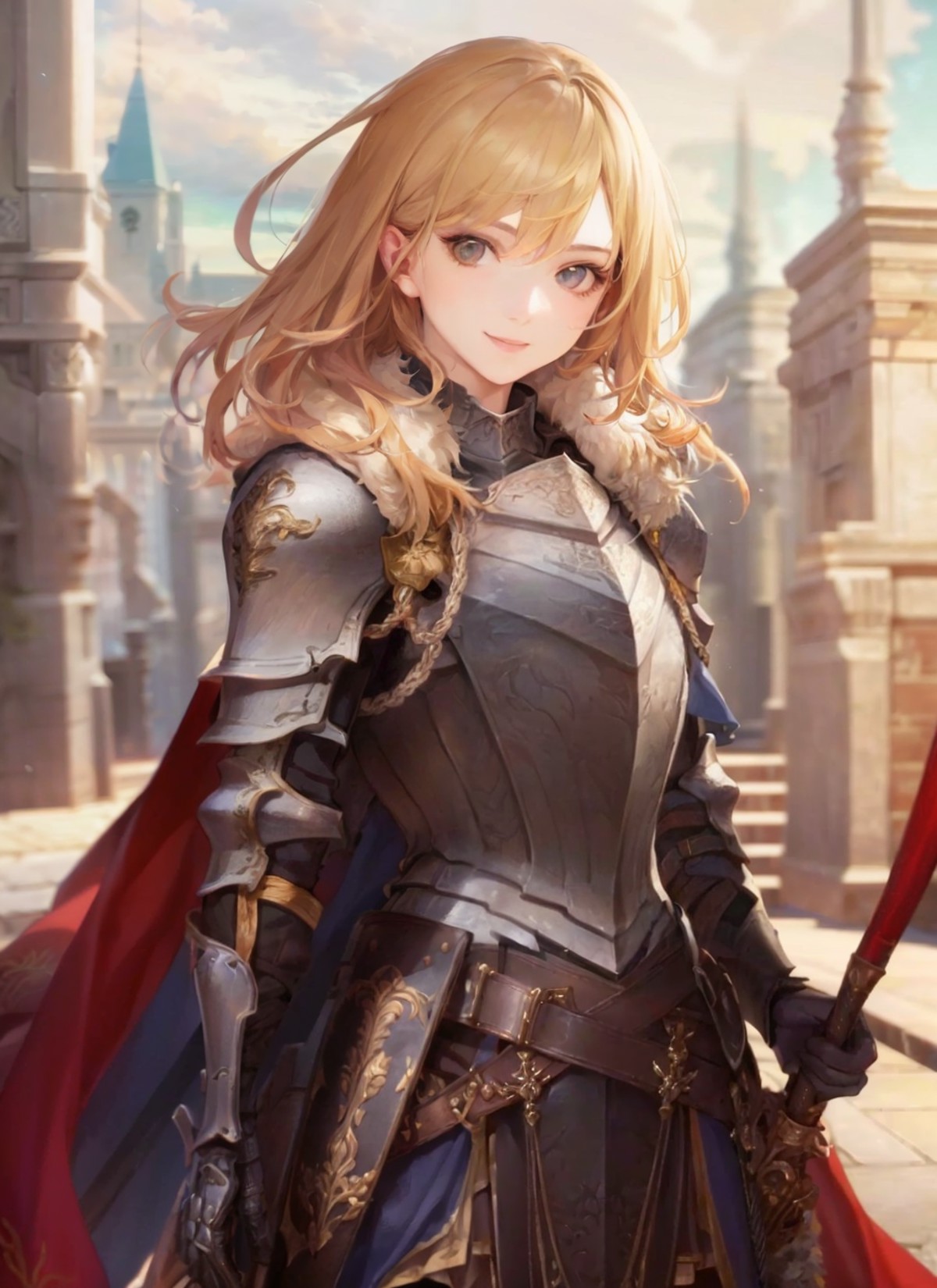 1girl, armor,breastplate,noble, fur ,cape ,smile, extremely detailed,portrait,semi-realistic(masterpiece, best quality:1.1...