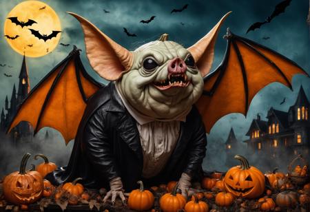 Horror-themed, Surrealist art (medium close up:1.2)  (morphing:1.3) (complexe photorealistic background:1.3) (very detailed background:1.5),(nikon 5D),(photorealistic:1.6), (RAW photo:1.3), Fujifilm XT3, very high quality, ultra high resolution. a morph :[a witch:a pumpkin:0.35]. fat monsters with little bat wings, (Pigs:0.8) with glasses and pants, dwarf vampires topped with (snail:0.7) shells . in a mad world, the laws of physics are disrupted and nature is turned upside down. halloween style. vibrant colors, warm sunlight, 35mm, high resolution,  4k, highly detailed, nightmare like, mysterious, provocative, symbolic, intricate  detailed., Eerie, unsettling, dark, spooky, suspenseful, grim, highly detailed