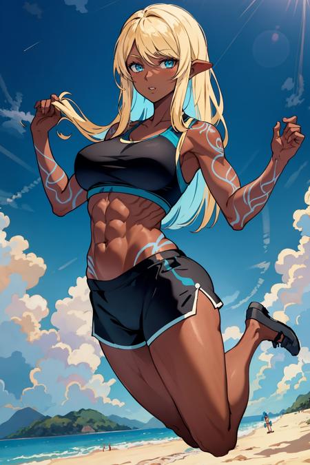HadairuKoseri, dark-skinned female blue eyes, blonde hair, long hair, muscular ponytail blonde hair, blue hair pointy ears