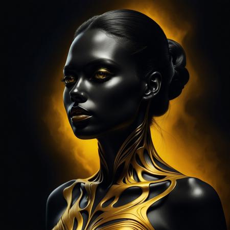 Ultra realistic color pencil  image of
a painting of a woman in black, confidence, sensuality, minimalistic silhouette , digital painting, figurative art, abstract painting , yellow black white golden colors, brush strokes, mesmerizing blend, hybrid art styles, hand-drawn dry brush style. gradient, depth and dimension, noir, dark fantasy, grunge, dramatic contrasts, mystery, ambiguity, curves, provoking, seductive, sultry., art by Alex Grey.
BREAK
Dark theme, dynamic lighting, (soft shadows), (soft focus), (photo realistic), uhd, 8k