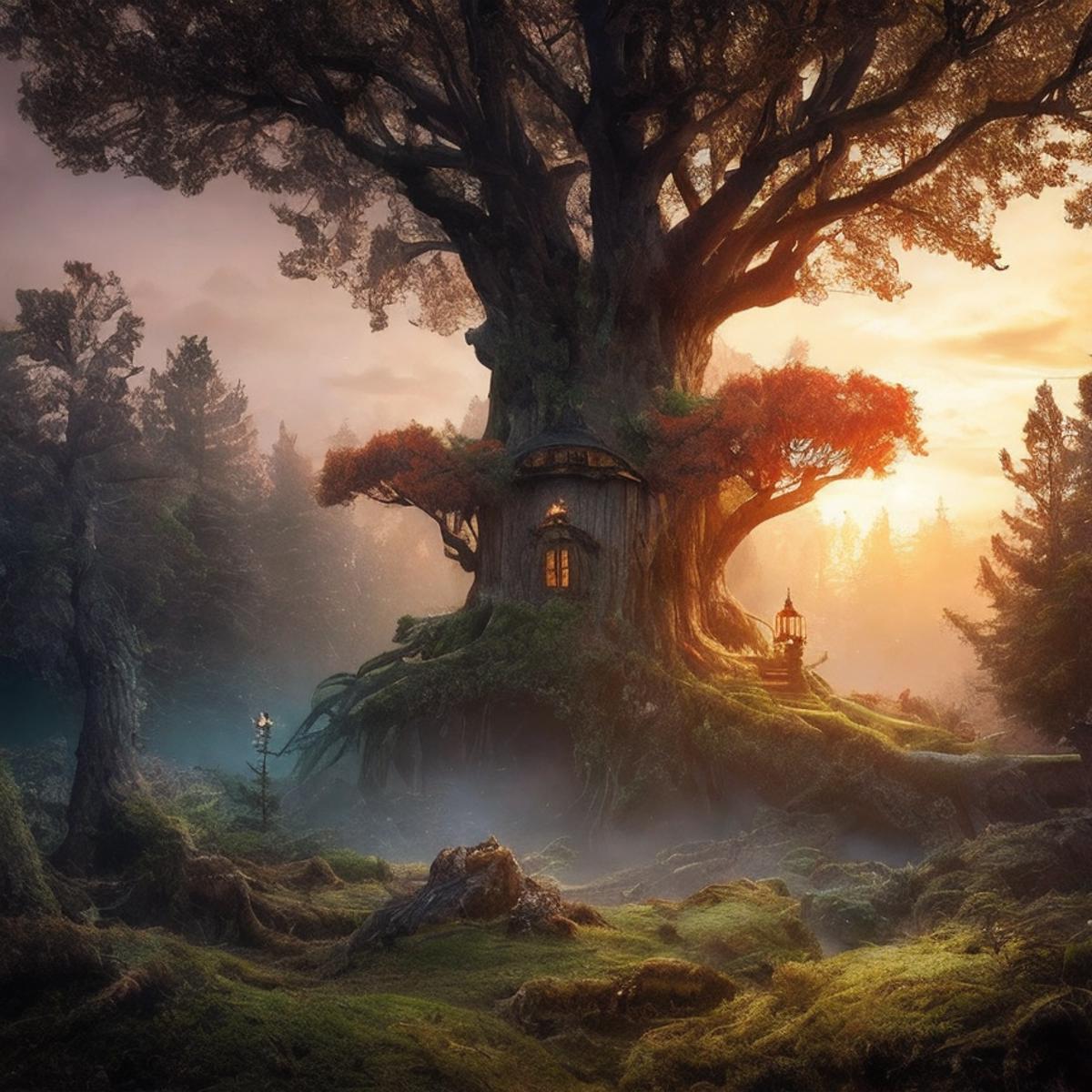 A magical forest with a large tree and a home inside it.