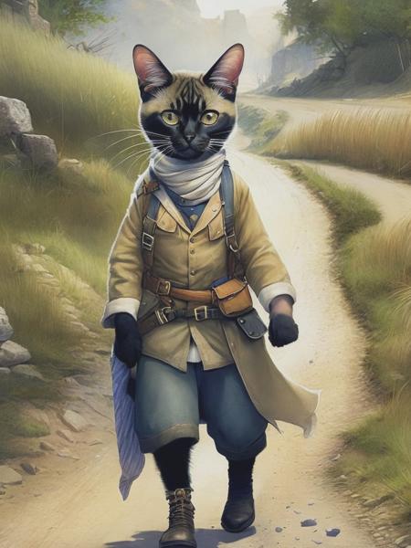 <lyco:Jean-BaptisteMonge:1.0> Cute Chunky anthropomorphic Siamese cat dressed in rags walking down a rural road, mindblowing illustration by Jean-Baptiste Monge + Emily Carr + Tsubasa Nakai