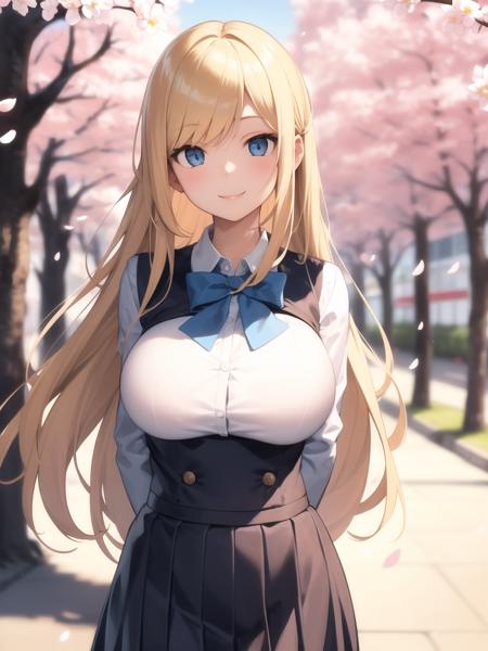 masterpiece,best quality,1girl,face focus,city,looking at viewer,school uniform,arms behind back,cherry blossoms,blue sky,smile,large breasts,long blonde hair