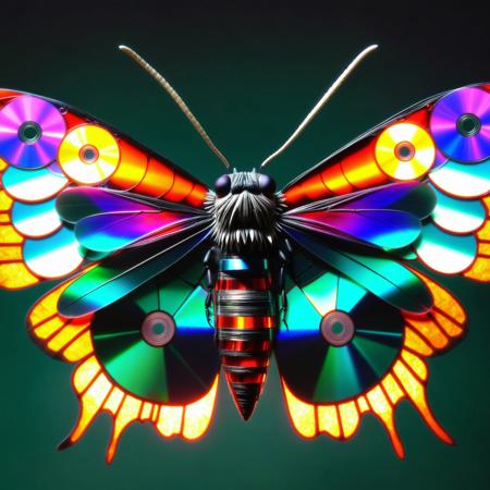 macro photo, moth made of cd's, insect, moth wings, lamp, night