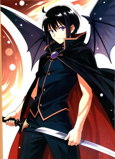 akamatsu ken <lora:akamatsu_ken_offset:1>,  masterpiece, best quality, 1boy, arm across chest, black clothes, black hair, cloak, closed mouth, demon wings, earth (planet), light particles, long sleeves, looking at viewer, male focus, planet, purple eyes, red cloak, solo, sword, traditional media, uniform, weapon, wings