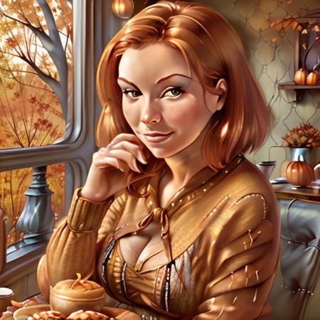 beautiful woman,  sitting, autumn, diner,    <lora:bgp:1> , bgp style