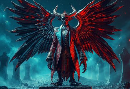 "Create a 4K, hyper-detailed, photorealistic rendering of Kim Deuk-sin's conceptualized 'Garbage Ogre in a Purity of the Cemetery' featuring an ornate tuxedo and huge symmetrical wings. Include dark blue and red tones, a cosmic void background, and chrome spacetime details. Aim for a multi-dimensional, chrome appearance, and draw inspiration from Egyptian patterns and polished elements. Consider post-processing to achieve a sublime, cool, badass, and hyperadvanced aesthetic."
