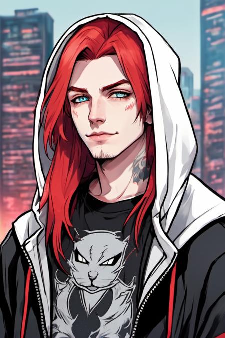 1boy, male focus, femboy vibes, pale skin, american, long hair, fluffy hair, two tone hair, red hair, black hair, hooded jacket, tshirt, portrait, upper body, tattoos, friendly, smirk, clean shaven, city background, best illustration