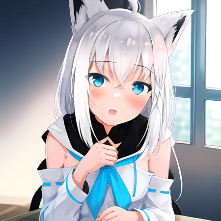 (1girl:0.976), white hair, (animal ears:0.922), (solo:0.892), (desk:0.876), (halo:0.868), (hair ornament:0.863), (blurry background:0.771), (depth of field:0.766), (looking at viewer:0.621), (blue necktie:0.591), (eyebrows visible through hair:0.589), (indoors:0.530), (open jacket:0.501)