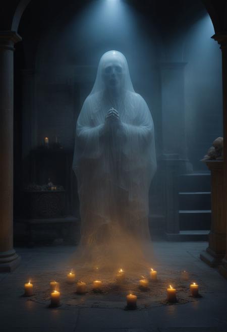 photo of a transparent ghost, transparent fullbody, clutching a small deam animal, crying, in the center of a circle of candles, in a crypt, eerie lighting, chilling expression, bones and skulls strewn about, frightening aura, perfect photo, haunting glowing eyes in the background, detailed, Photorealistic, best quality, 8k, HD, DSLR, Fujifilm XT3, award winning