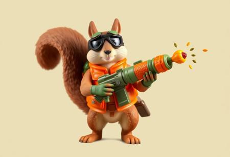 1990s-style action figure toy of an anthropomorphic squirrel dressed as a forest-themed nut defender superhero. The squirrel wears an orange utility vest, forest camo gloves, and goggles, holding a walnut-shell cannon that fires acorn projectiles and confetti nutrient bursts. Stylized accessories mini pumpkin grenades, and a belt of seeds. Bright colors, nostalgic aesthetic, detailed toy design, whimsical and heroic style, bold comic-book shading. Clean background. (No text). Top view. 4:5 aspect ratio --v 5 --style 90s --ar 4:5