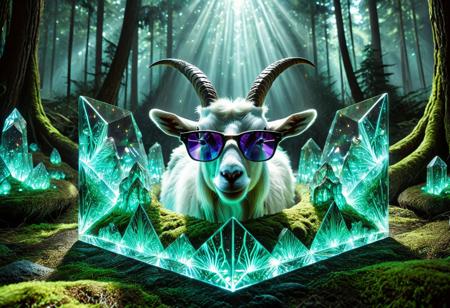 lazypos, A flawless hexagonal prism floats in a misty forest, refracting moonlight into chromatic spears. Inside, a hyper-detailed billy goat lounges mid-air wearing mirrored sunglasses that fractalize the distorted pines behind the glass. His obsidian horns gleam with micro-scratches, wool fibers phasing between solid and colored smoke. Outside, warped bioluminescent pines pulse foxfire green, their glow delayed by the prism's rotation. Swirling neon bands, toxic magentas, electric cyans, crawl the goat's body like living tattoos syncing with the forest's rhythm. When light hits right, fleeting visions flash within: crystal mountains or floating monolith cities. Rendered with 12K precision (visible dust motes inside prism, authentic glass imperfections), ray-traced caustics lick the moss below. The goat's sunglasses briefly reflect an inverted version of the scene, suggesting this prism is one of many in an infinite chain.