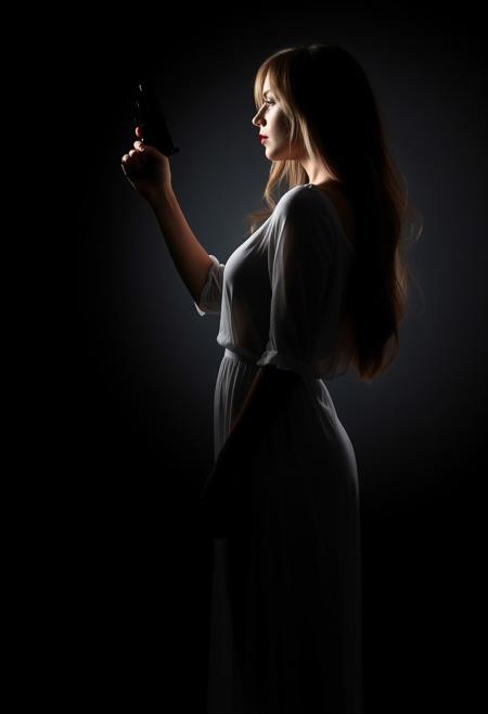 The composition features a stylized, high-contrast design typical of film noir. In the foreground, there is a figure of a woman standing in profile view. She has long hair and is wearing a white garment that appears to be sheer, as it reveals the silhouette of her body underneath. She wears red lipstick. Her right arm is raised, holding a revolver with the barrel pointed upwards. The background consists of shades of black and grey, Ultra high detailed photo