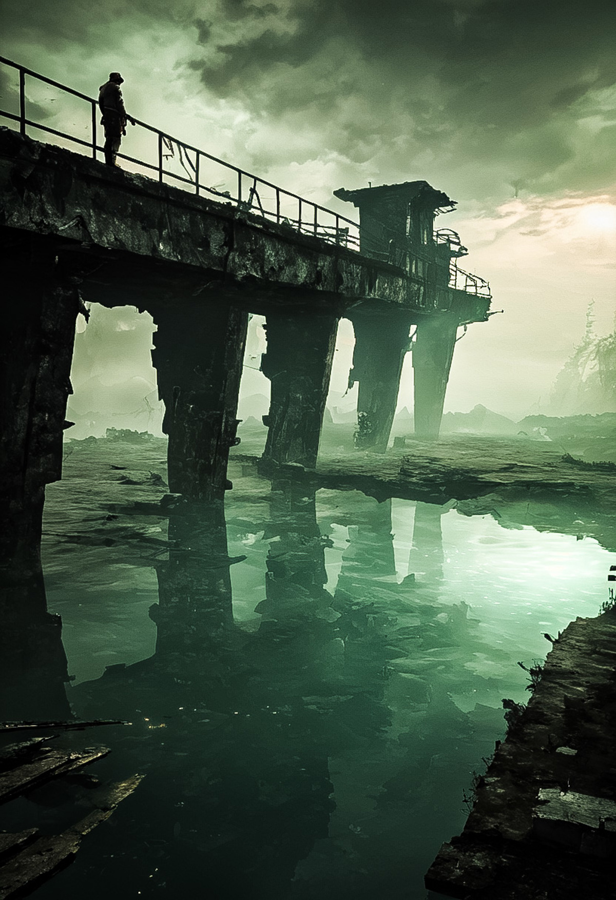 A ruined pier with a bridge over a foggy lake.