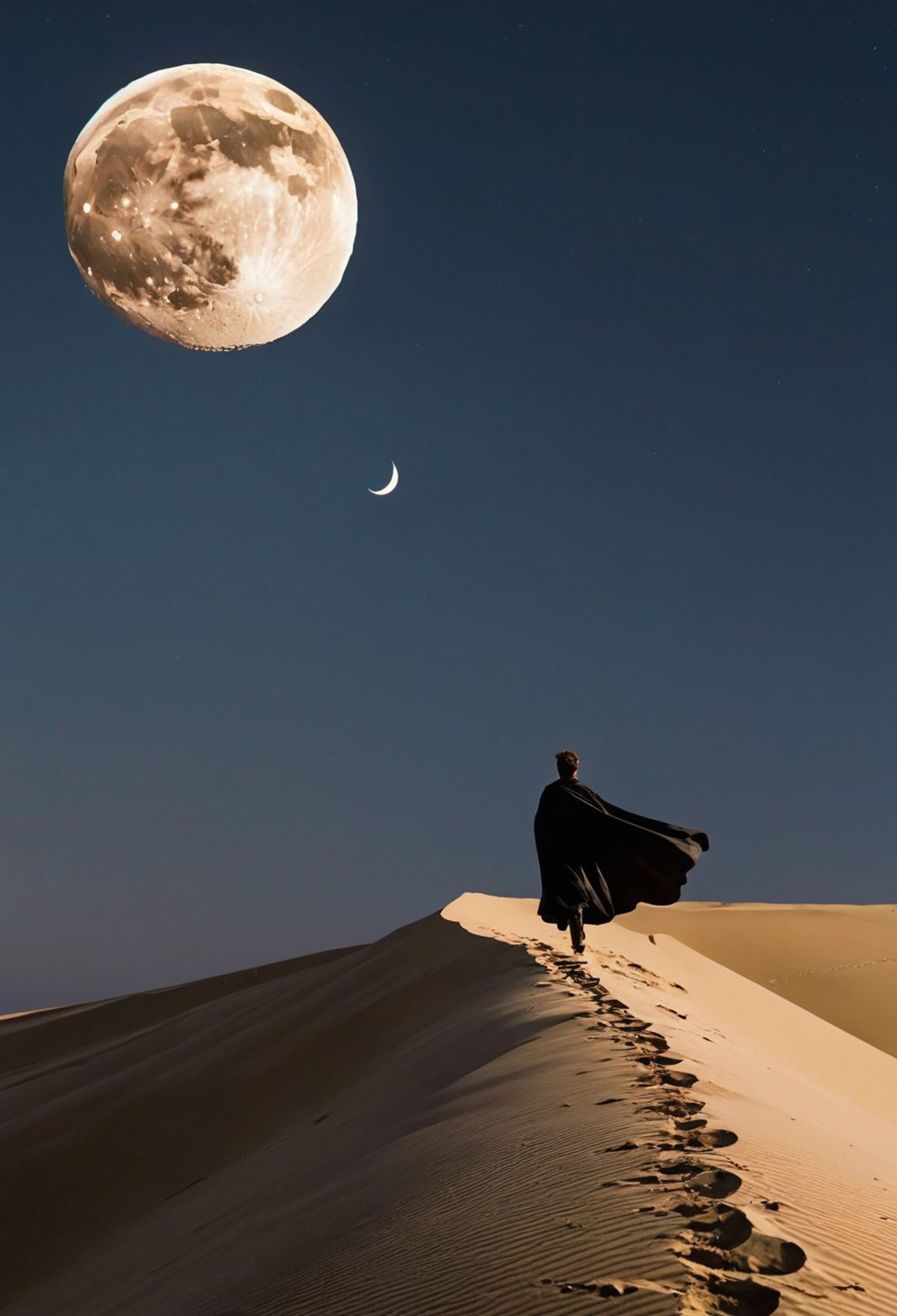 a man walking up a sand dune with a crescent moon in the background. The man is wearing a cape and appears to be in motion...