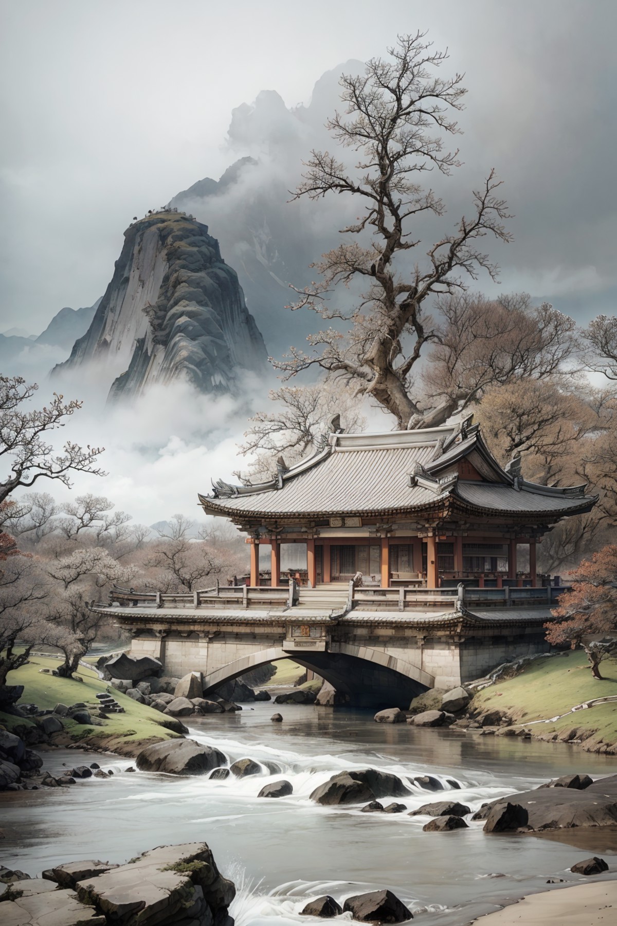 (masterpiece:0.8),best quality,
gongbiv, gongbi painting, tree, no humans, mountain, torii, watercraft, scenery, cloud, ar...