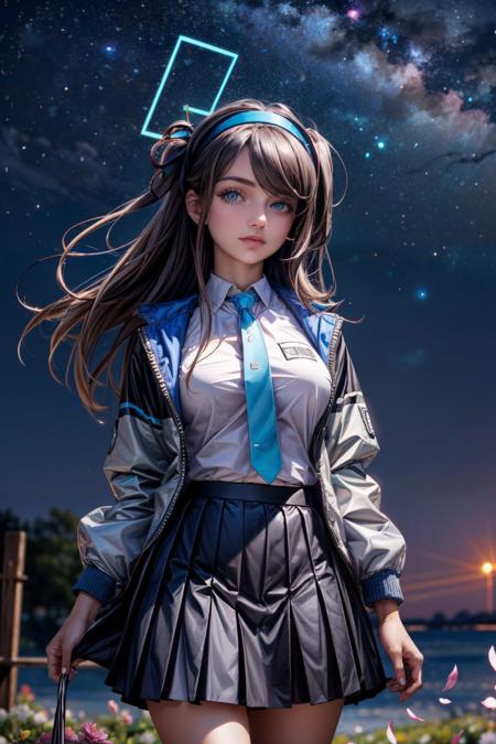 zzArisu, blue eyes, black hair, long hair, one side up, hairband, halo white jacket, white shirt, blue necktie, black skirt, pleated skirt,