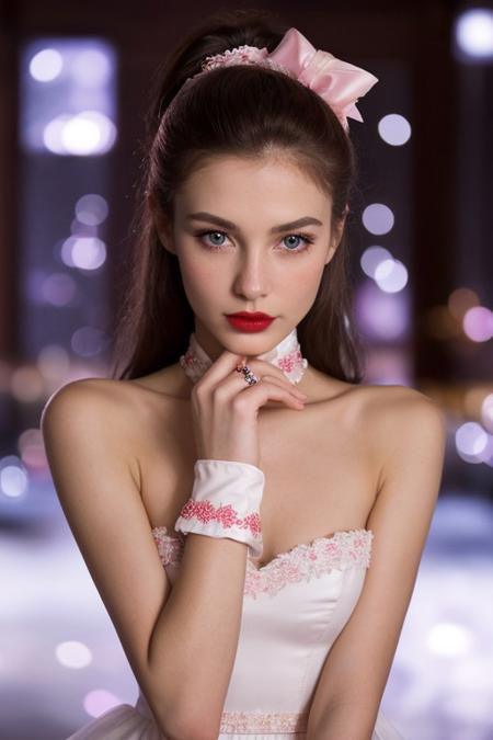 stunning woman, extremely beautiful, 20 years old, petite, delicate face, extremely detailed, photorealistic, hires, blush, rouge, lipstick, cute nose, ribbon, choker, mole, porcelain skin, elegant dress, night club, elbow gloves, ankle bracelet, close up
