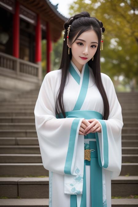 ltra-detailed,highly detailed,best quality,masterpiece,illustration,realistic,photorealistic,
1girl, solo, 
hanfu-quju, hanfu, chinese clothes, chinese traditional clothes, long sleeves, wide sleeves, sash, 
jewelry, hair ornament, hairpin, 
very long hair, hair bun, parted bangs, 
looking at viewer, cowboy shot, ceremony, 
outdoors, photo background, stairs, day, tree, 
 <lora:hanfu quju_v1_01:0.6>