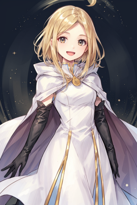 <lora:Ophilia_OT-10:0.75> ophilia, 1girl, solo, looking at viewer, smile, short hair, open mouth, gloves, dress, :d, black gloves, elbow gloves, cape, white dress, short hair with long locks, white cape