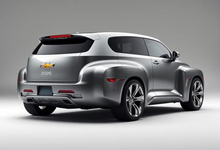 hyperrealistic, hypermaximalist, absurdres, detailfetishist, Chevy 2026 concept car, based on the Chevy HHR, retro curves from 1940s Chevy, smooth flowing lines, rounded fenders, chrome accents, sleek modern details, sharp angular elements, thin LED headlights, geometric design, futuristic rear design, aggressive yet elegant, bold wheel arches, vintage aesthetic fused with futuristic touches, concept car style, high resolution, sharp details, dynamic composition, metallic paint finish, [blurry:-1.6], [overexposed:-1.5], [clunky design:-1.5], [dull colors:-1.4], [low resolution:-1.7], [boring shapes:-1.5], [flat lighting:-1.4]