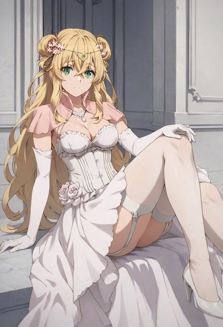 altena elgard ratis, 1girl, blonde hair, long hair, hair between eyes, green eyes, hair bun, double bun,  breasts, dress, cleavage, gloves, elbow gloves, hair ornament, hair flower, flower, white gloves, jewelry, necklace, thighhighs, white dress, capelet, high heels, garter straps ,