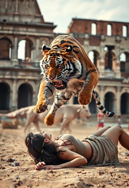 realistic photography of a majestic tiger jumping on a slave girl lying on the sand, ancient Rome Colosseum