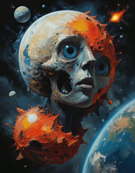 ([by Asger Jorn|by Bijou Karman]:1.5), (From the depths of space, a deadly asteroid hurtles towards Earth, a cosmic bullet on a collision course with humanity's fragile existence.:0.5)