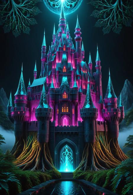 surreal castle, old castle, crazyily big castle, massive fortress, surreal castle, massive walls, medieval castle, transformed by glowing fractal roots, geometric vines wrapping around its structure, futuristic crystal patterns integrated into the metal, bioluminescent details, mystical atmosphere, cinematic lighting, foggy cityscape in the background, ultra-detailed architecture, dreamlike sci-fi fantasy fusion, sharp focus, 8k, fractal-inspired redesign, concept art style, fractangles, made out of fractangles, high quality,