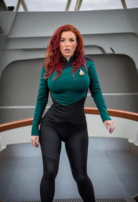 portrait photo of, a ((ultra detailed), (((Masterpiece))), (((realistic)), Sexy  Scottish woman, 30 year old MILF, Red Hair, freckles, curvy body, green eyes, long hair, ((huge boobs)), red wavy hair,   BREAK, Standing aboard a Star Trek Vessel's bridge,wearing a red Starfleet uniform, on the Enterprise,   BREAK, ashley_rogers_model, huge ass, huge breasts, big ass, big breasts, huge hips, narrow waist, b1mb0, bimbo, woman, taking_off_shirt, embarassed, humiliation, covering nudity