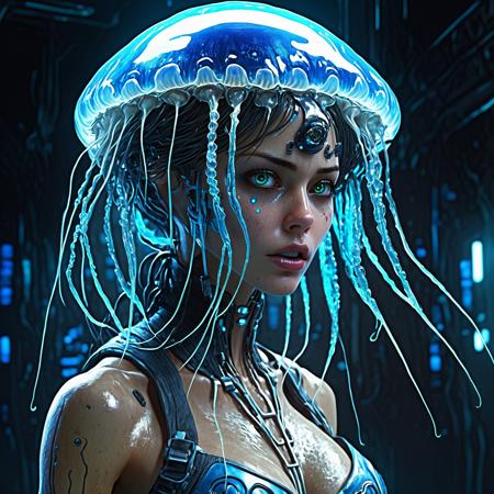(biopunk sexy woman turning into jellyfish :1.3) with cybernetic features, cinematic, cyberpunk elements, amazing detailed, grim sci-fi, slime biomorph, organic and mechanical, natural light, beautiful, glowing iridescent eyes, dark futuristic