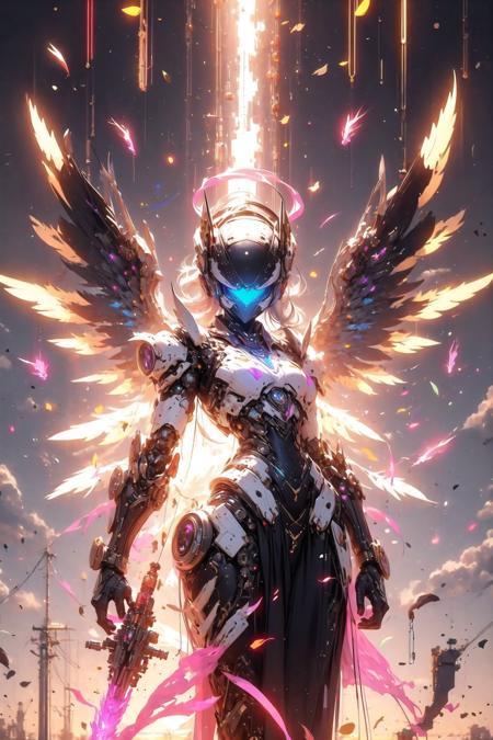 wrenchsmechs glowing, <your_color> mecha, halo, mechanical wings, long hair