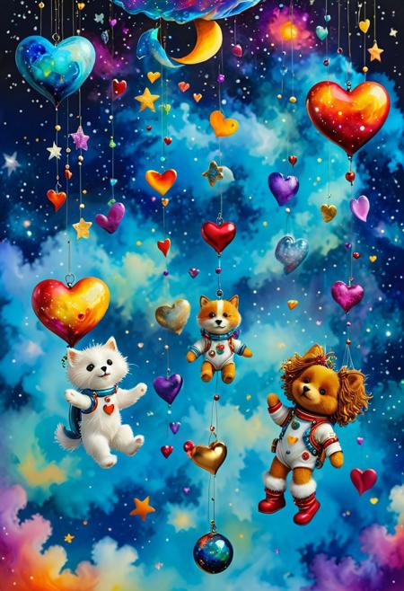 A whimsical multi-media creation depicts a wind chime crafted from colorful hearts. Two small fluffy mascots, a boy and a girl astronaut, are suspended on the wind chime. The backdrop features celestial bodies such as planets and stars. The artwork is executed in a hyperrealistic style using alcohol inks.