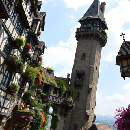 An infinitely tall tower in Tudor half-timbered overhanging style with suspended gardens on balconies populated by may beautiful people