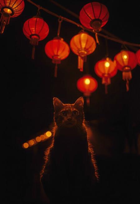 (Soft Lighting Photography by Mimoza Veliu and Mario Giacomelli:1.2), NSFW, A warm, ethereal glow, as if time itself has paused to capture the quiet beauty of the moment. A cat sitting at the center of the frame, her presence contemplative. The night envelops her, but the darkness is not oppressive; 
Above, a series of red lanterns hang suspended on delicate strings, their soft light casting an amber hue over the entire scene. These lanterns are not merely decorative; they seem to pulse with life, their illumination creating a sense of warmth and intimacy, hinting at a cultural or thematic connection, 
The cat gazes directly into the camera, her eyes conveying a mix of curiosity and introspection, as though she is pondering something profound or simply lost in the beauty of the moment.
The background is shrouded in shadow, drawing all attention to the subject and the glowing lanterns above. The darkness beyond hints at a larger settingâperhaps a festival, a market, or an outdoor gathering but the details remain obscured, leaving the viewer to imagine the context. The interplay between light and shadow creates a dramatic contrast, emphasizing the woman's features and the vivid colors of the lanterns.