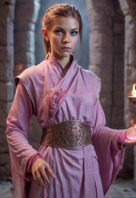 (photo:1.35) (D&D character) (monk/fire sorceress:1.27) tan (Age 21) (shortish layered hair, light brunette:1.27)  (28B-23-31 figure:1.33) makeup (silver/pink attire:1.23), athletic, (blue eyes:.9), in monastery, (casting Burning Hands) to the side full portrait to knees, realistic, HDR