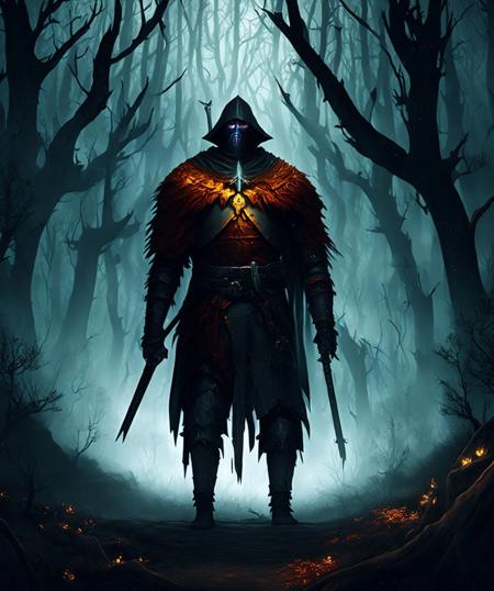 a medieval knight walking through a spooky forest, dark, cinematic, particles, dead trees, portrait, adventure, dramatic, moody, digital art