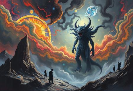The recurring dream,Fame monster, abstract flows, epic tale, enhanced understanding, perspective transformation, expressionist art