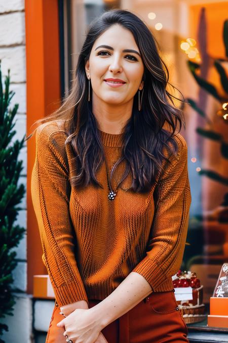 a vintage photograph of beautiful (D4rcy:1.1) woman,as a fashion model,walking in a quaint european village square,wearing (clay orange knit sweater:1.2) with (cedar brown pants),wearing diamond earrings and bracelet,holding a wrapped birthday gift box,surrounded by (shops with window displays:1.3),a park with (fountain:1.1) in background,long hair,jewelry,lipstick,makeup and eyeshadow,professional magazine photoshoot,modelshoot style,sharp focus,detailed eyes,(highly detailed),(HDR),(8k wallpaper),intricately detailed,highres,absurdres,hyper realistic,8K UHD DSLR,Fujifilm XT3,taken with (Canon EOS 1Ds camera),35mm film,dramatic,(looking at viewer),4k textures,elegant,hyperdetailed,PA7_Portrait-MS,<lora:D4rcy_02A-000004:1.1>,