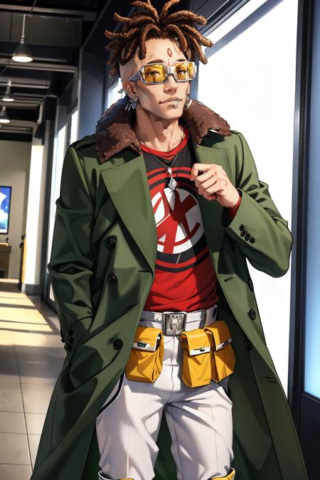 masterpiece, best quality, upper body, cowboy shot
 <lora:zs_Lunch:1> lunchsh, dreadlocks, jewelry, jacket, fur trim, glasses, brown hair, piercing, coat, dark skin, forehead mark, pants, boots