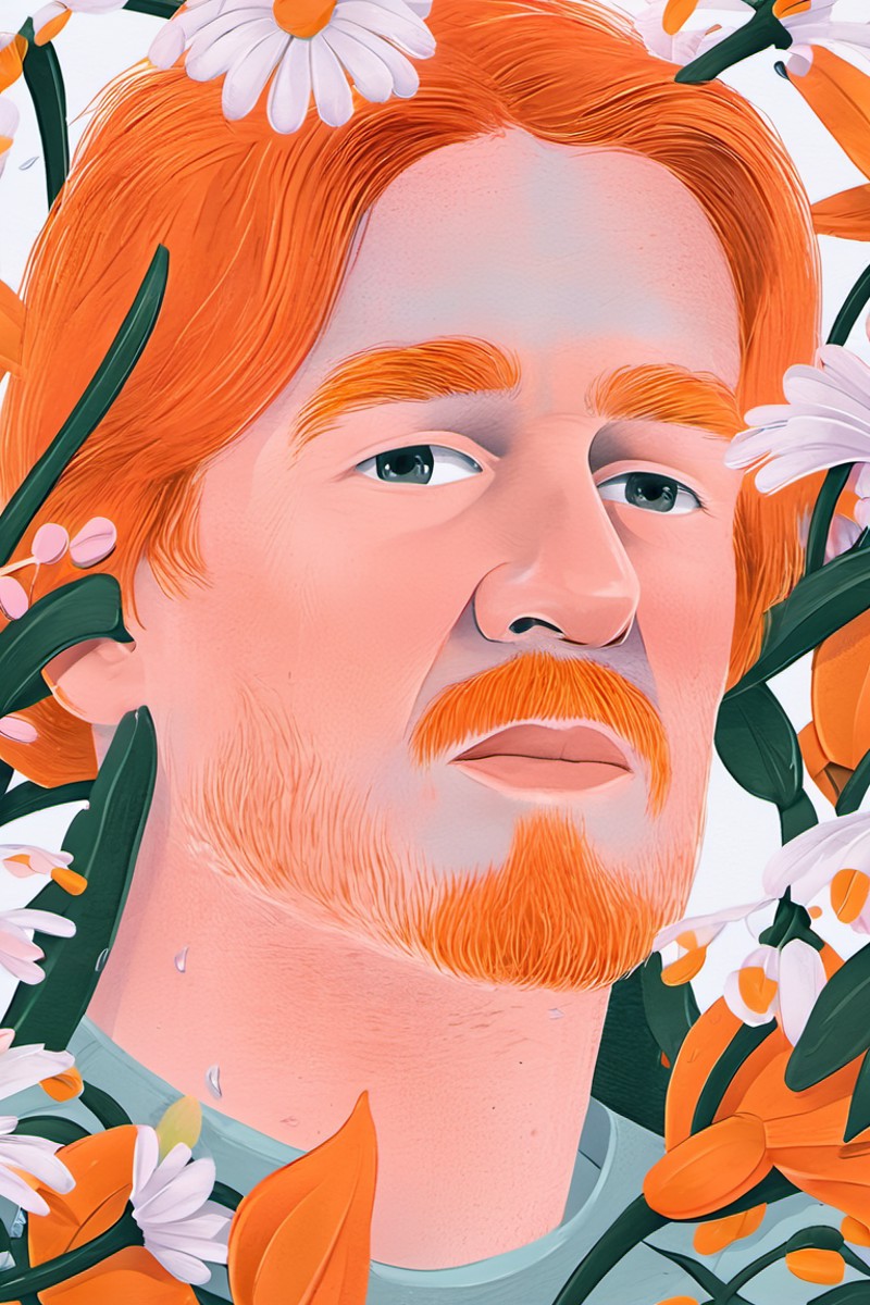 modern illustration closeup of a white man with orange hair, sad shedding a tear, surrounded by flowers