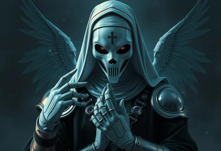 Create a dark, Holy-themed digital art piece inspired by Infernalvania, featuring a robot ghost wearing Billie Eilish's nun outfit and a Holy-themed silver armor, set against a Philippines-inspired background with white satin gloves and a robot ghost mask. Incorporate elements reminiscent of Alucard and angels protecting a praying man. The piece should evoke a sense of epic horror with a moody face, evil eyes, and realistic robot features. Reference the styles of artists such as Artgerm, J. J. Insider, Charlie Bowater, Peter Mohrbacher, Andrei Riabovitchev, Marc Simonetti, and Yoshitaka Amano. Ensure the artwork has a Warhammer 4.0k viral aesthetic and is suitable for a TikTok post. Include white face makeup and an 8-hour time frame for completion. Grading criteria include creativity, technique, and overall impact.