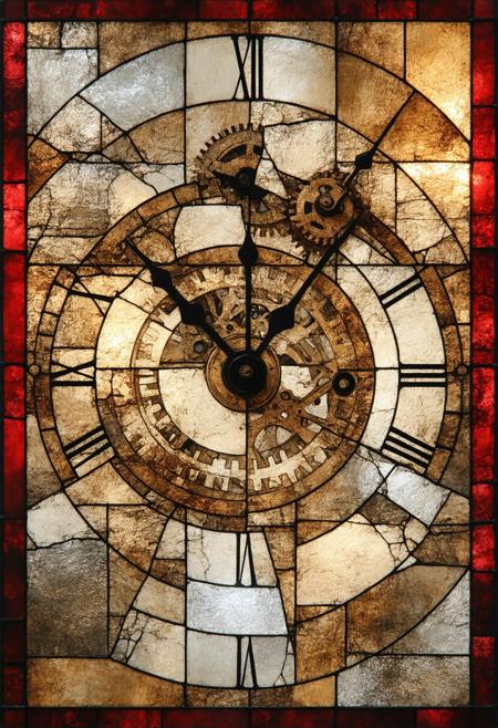 Construct a photorealistic depiction of a colossal, ancient clockwork mechanism, fractured into stained-glass planes. Multiple perspectives collapse into a single, complex composition, with gears, levers, and springs rendered as geometric shards radiating a soft, internal glow. The color palette employs deep bronze, aged ivory, and saturated ruby red, highlighting intersecting lines and fragmented forms. Integrate subtle photorealistic details within each glass fragmentâthe etching of numerals, the texture of aged metalâto create a compelling blend of abstract geometry and tangible history, evoking a sense of grand, decaying machinery.