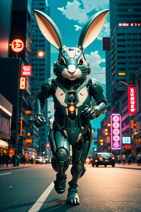 sleek black stealth mechanical rabbit,running,  cyberpunk city in background,<lora:Mechanicalrabbit:0.7>