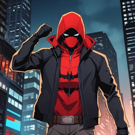 anime artwork of  <lora:Red Hood:1.2>
Red Hood a man in a red hoodie and a black jacket in Gotham city universe, anime style, key visual, vibrant, studio anime,  highly detailed